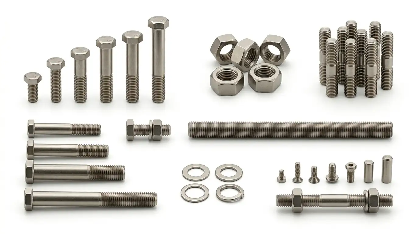 Monel K500 fasteners including bolts nuts stud bolts threaded rods and washers on clean white background for offshore and marine applications